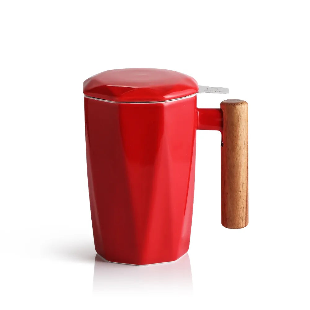 SWEEJAR Porcelain Tea Mug with Infuser and Lid | Wooden Handle