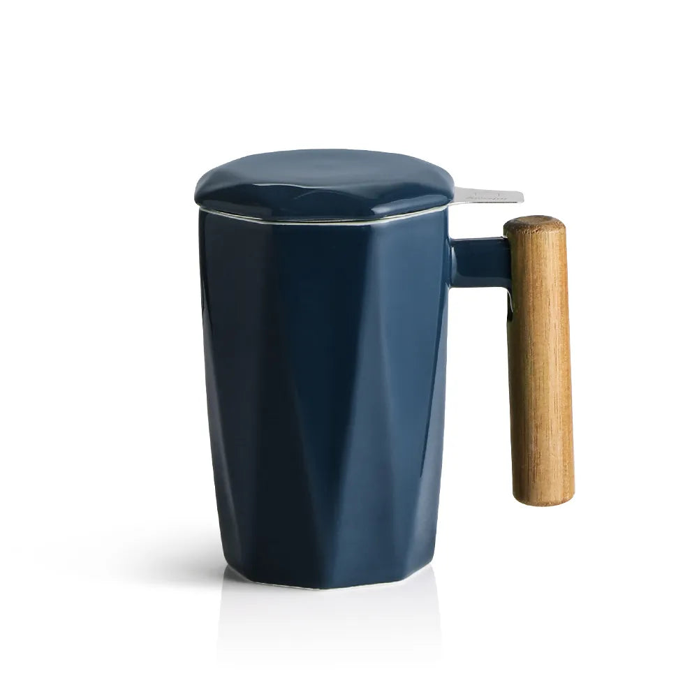 SWEEJAR Porcelain Tea Mug with Infuser and Lid | Wooden Handle