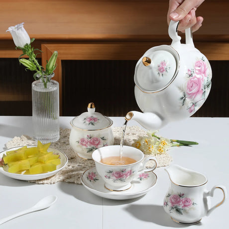 Sweejar Porcelain Tea Service Sets| Teapot Cup | Vintage British Floral Relief Gold Rimmed