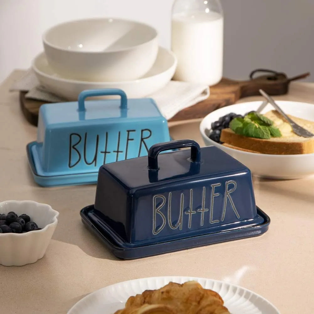 SWEEJAR Ceramic Butter Dish with Handle Lid, 7.3 Inch Porcelain Large Butter Keeper with Cover, Perfect for East/West Butter
