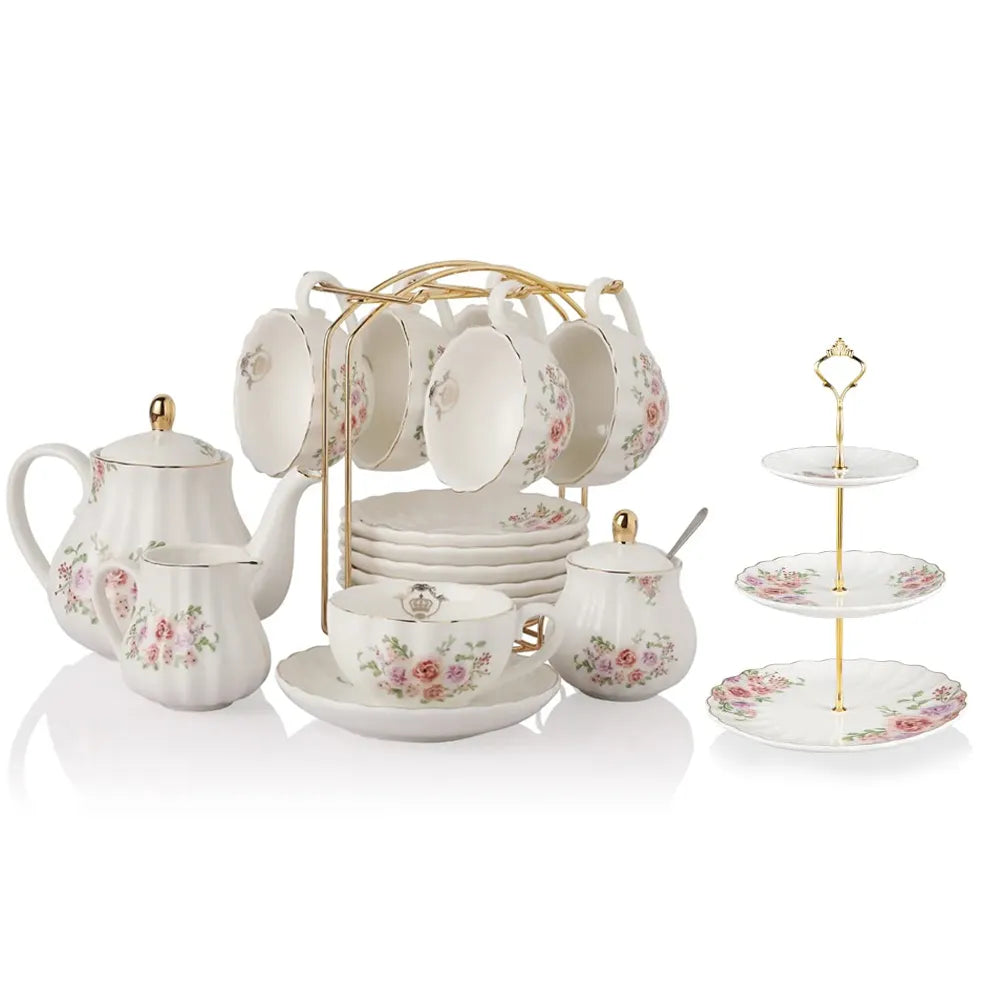 SWEEJAR Porcelain Tea Set with Cake Stand | 8 OZ Cups& Saucer Service For 6