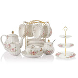 SWEEJAR Porcelain Tea Set with Cake Stand | 8 OZ Cups& Saucer Service For 6