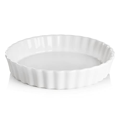 SWEEJAR Porcelain Pie Pan, 9.5-inch Round Corrugated Tart Dish, Non-sticky Ceramic Quiche Plate, Suitable for Baking Apple Pie, Cheese Sweet Potato Pie, Chicken Pot Pie, Crustless Quiche