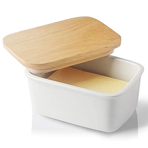 SWEEJAR Porcelain Butter Dish with Lid, Airtight Large Butter Keeper with Wooden Lid, Butter Container Perfect for 2 Sticks of Butter West or East Coast Butter