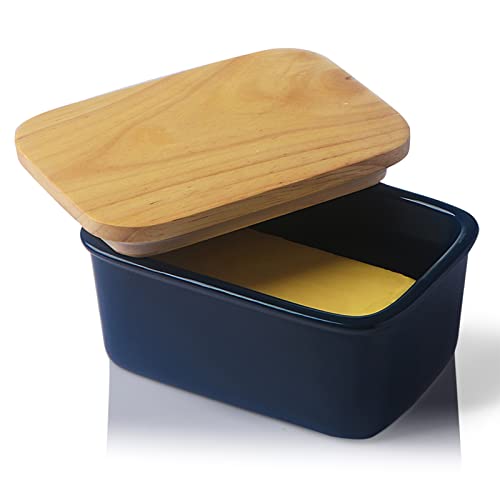 SWEEJAR Porcelain Butter Dish with Lid, Airtight Large Butter Keeper with Wooden Lid, Butter Container Perfect for 2 Sticks of Butter West or East Coast Butter