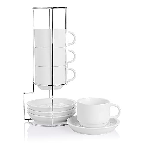 SWEEJAR Porcelain Cappuccino Cups with Saucers and Metal Stand, 8 Ounce  Stackable Espresso Cups for Specialty Coffee Drinks, Latte, Americano, Tea  