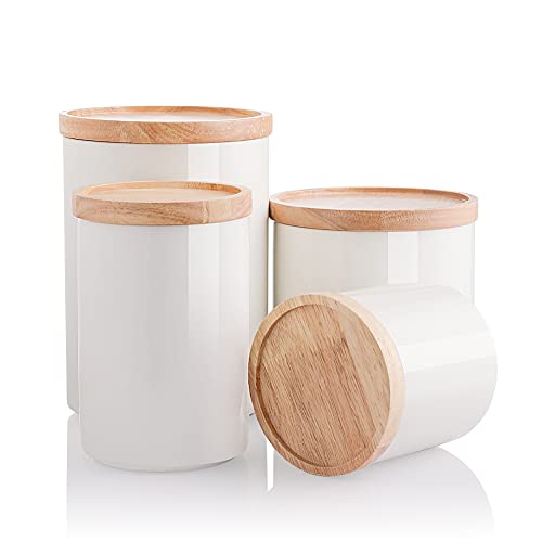 SWEEJAR Kitchen Canisters Ceramic Food Storage Jar Set, Stackable Containers with Airtight Seal Wooden Lid for Serving Ground Coffee, Tea, Herbs, Grains, Sugar, Salt and More - Set of 4