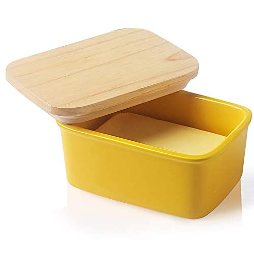 Butter Dish Ceramic Butter Container Keeper with Wooden Lid and
