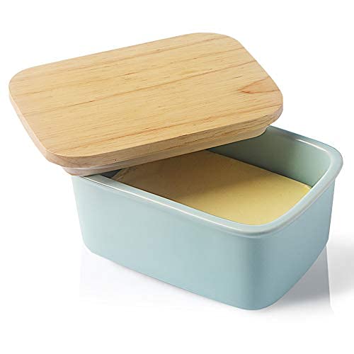 SWEEJAR Porcelain Butter Dish with Lid, Airtight Large Butter Keeper with Wooden Lid, Butter Container Perfect for 2 Sticks of Butter West or East Coast Butter