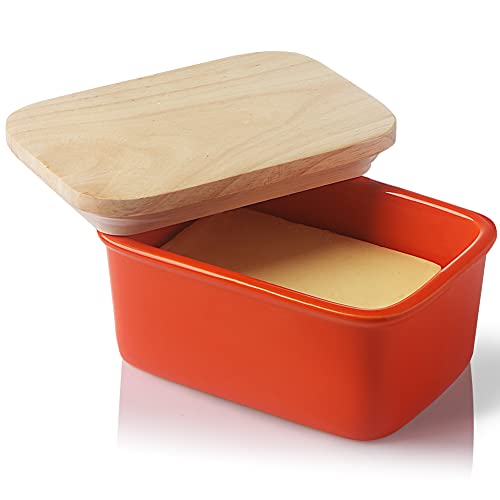 SWEEJAR Porcelain Butter Dish with Lid, Airtight Large Butter Keeper with Wooden Lid, Butter Container Perfect for 2 Sticks of Butter West or East Coast Butter