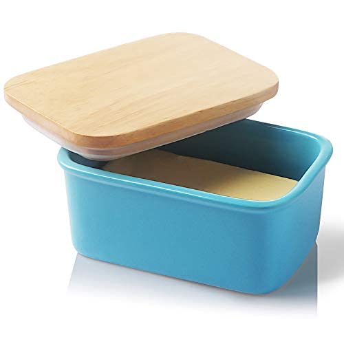 SWEEJAR Porcelain Butter Dish with Lid, Airtight Large Butter Keeper with Wooden Lid, Butter Container Perfect for 2 Sticks of Butter West or East Coast Butter