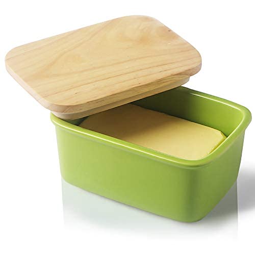 SWEEJAR Porcelain Butter Dish with Lid, Airtight Large Butter Keeper with Wooden Lid, Butter Container Perfect for 2 Sticks of Butter West or East Coast Butter
