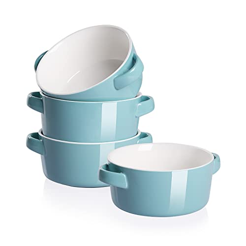 SWEEJAR Porcelain Soup Bowls with Handles, 28OZ Substantial Crocks for Soup, Oatmeal, Ramen, Functional and Stackable Set of 4, Dishwasher and Microwave Safe