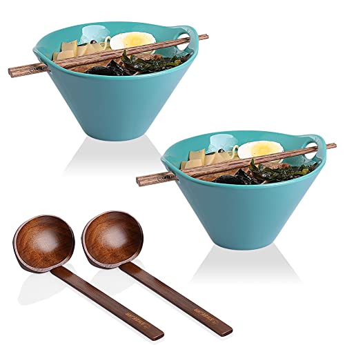 SWEEJAR Porcelain Ramen Bowls, Japanese Ramen Noodle Bowl with Chopsticks And Spoons, 30 oz Deep Bowl for Soup, Salad, Pho, Udon, Reactive Glaze, Set of 2