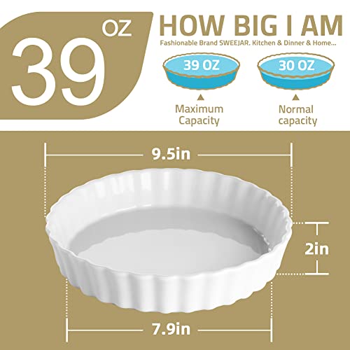 SWEEJAR Porcelain Pie Pan, 9.5-inch Round Corrugated Tart Dish, Non-sticky Ceramic Quiche Plate, Suitable for Baking Apple Pie, Cheese Sweet Potato Pie, Chicken Pot Pie, Crustless Quiche