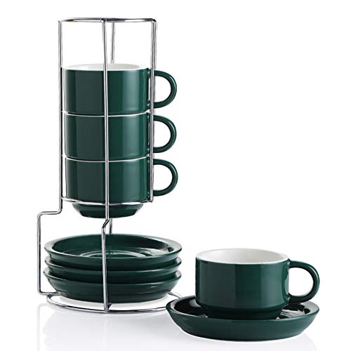 Sweejar Porcelain Espresso Cup & Saucer Set, Stackable Demitasse Cups with  Metal Stand, 2.5 OZ for Latte,Coffee,Cafe Mocha,Tea, Set of 6