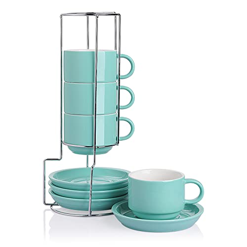 SWEEJAR Porcelain Cappuccino Cups with Saucers and Metal Stand, 8 Ounc –  Sweejar Home