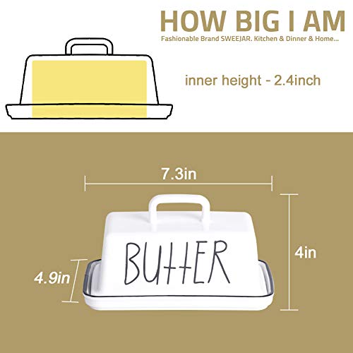 SWEEJAR Ceramic Butter Dish with Handle Lid, 7.3 Inch Porcelain Large Butter Keeper with Cover, Perfect for East/West Butter
