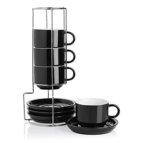 Lareina Porcelain Stackable Espresso Cups with Saucers, Spoons and Black