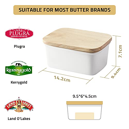 SWEEJAR Porcelain Butter Dish with Lid, Airtight Large Butter Keeper with Wooden Lid, Butter Container Perfect for 2 Sticks of Butter West or East Coast Butter