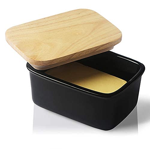 SWEEJAR Porcelain Butter Dish with Lid, Airtight Large Butter Keeper with Wooden Lid, Butter Container Perfect for 2 Sticks of Butter West or East Coast Butter