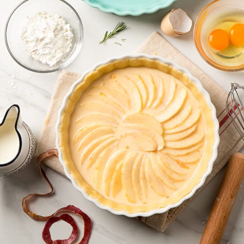 SWEEJAR Porcelain Pie Pan, 9.5-inch Round Corrugated Tart Dish, Non-sticky Ceramic Quiche Plate, Suitable for Baking Apple Pie, Cheese Sweet Potato Pie, Chicken Pot Pie, Crustless Quiche