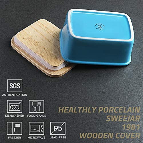 SWEEJAR Porcelain Butter Dish with Lid, Airtight Large Butter Keeper with Wooden Lid, Butter Container Perfect for 2 Sticks of Butter West or East Coast Butter