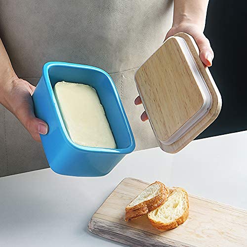 SWEEJAR Porcelain Butter Dish with Lid, Airtight Large Butter Keeper with Wooden Lid, Butter Container Perfect for 2 Sticks of Butter West or East Coast Butter