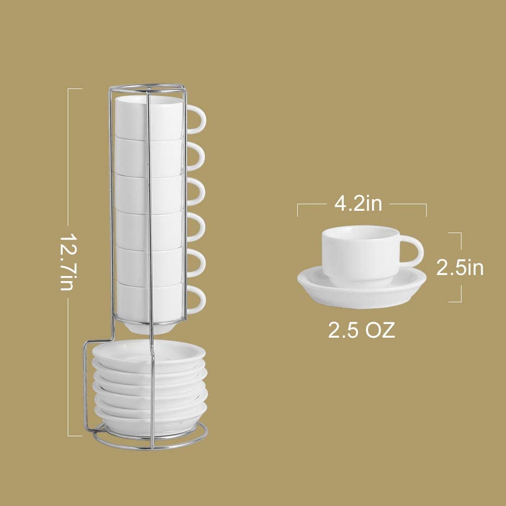 SWEEJAR Porcelain Espresso Cup & Saucer Set,with Metal Stand,2.5 OZ,Set of  6,Red 