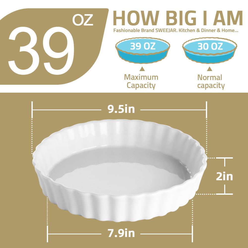 SWEEJAR Porcelain Pie Pan, 9.5-inch Round Corrugated Tart Dish, Non-sticky Ceramic Quiche Plate, Suitable for Baking Apple Pie, Cheese Sweet Potato Pie, Chicken Pot Pie, Crustless Quiche