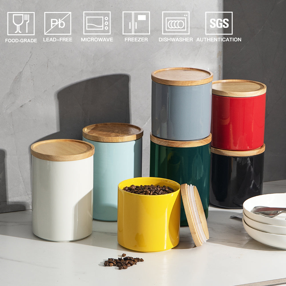 SWEEJAR Kitchen Canisters Ceramic Food Storage Jar Set, Stackable Containers with Airtight Seal Wooden Lid for Serving Ground Coffee, Tea, Herbs, Grains, Sugar, Salt and More - Set of 4
