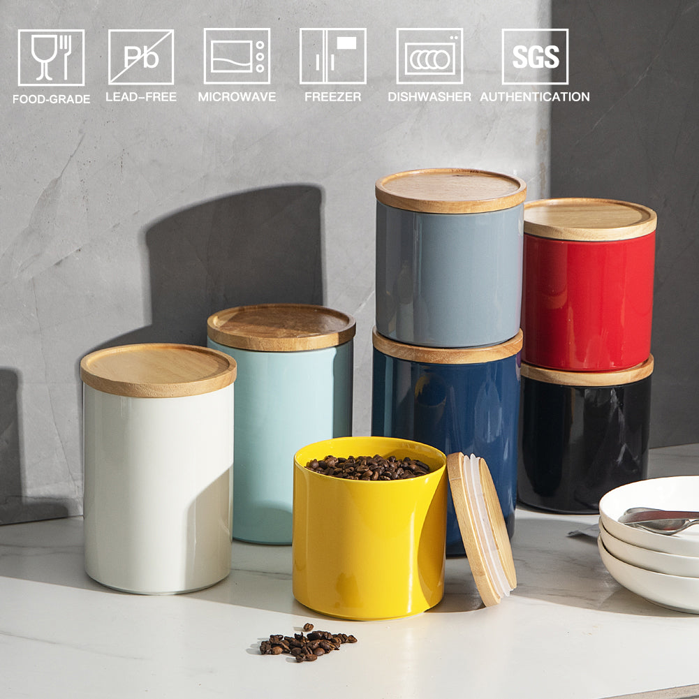 SWEEJAR Kitchen Canisters Ceramic Food Storage Jar Set, Stackable Containers with Airtight Seal Wooden Lid for Serving Ground Coffee, Tea, Herbs, Grains, Sugar, Salt and More - Set of 4